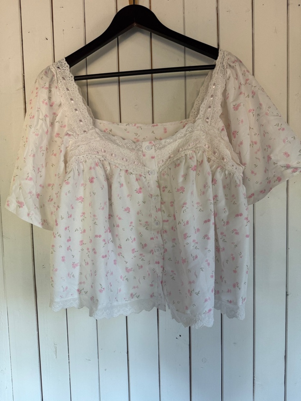 White Floral Lace-Trim Peasant Top - White with Pink Floral DOLL BLOUSE